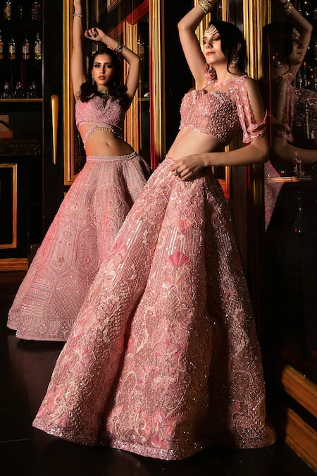 Ronak And Shruti Pink Organza, Net Tassels Sweetheart Geometric Embroidered Blouse Lehenga Set Online at Aza Fashions Ronak And Shruti_Pink Organza, Net Tassels Sweetheart Geometric Embroidered Blouse Lehenga Set _Online_at_Aza_Fashions