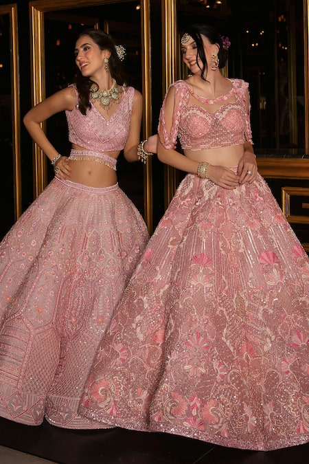 Shop Ronak And Shruti Pink Organza, Net Tassels Sweetheart Geometric Embroidered Blouse Lehenga Set Online at Aza Fashions Shop_Ronak And Shruti_Pink Organza, Net Tassels Sweetheart Geometric Embroidered Blouse Lehenga Set _Online_at_Aza_Fashions