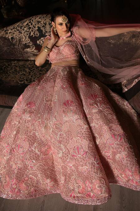 Ronak And Shruti Pink Organza, Net Tassels Sweetheart Geometric Embroidered Blouse Lehenga Set at Aza Fashions Ronak And Shruti_Pink Organza, Net Tassels Sweetheart Geometric Embroidered Blouse Lehenga Set _at_Aza_Fashions