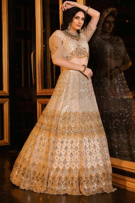 Ronak And Shruti Gold Organza, Net Crystals, Cut Work, Sequins Ivory Embellished Lehenga Set Online at Aza Fashions Ronak And Shruti_Gold Organza, Net Crystals, Cut Work, Sequins Ivory Embellished Lehenga Set _Online_at_Aza_Fashions