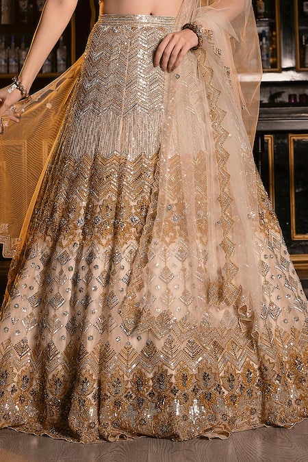 Buy Ronak And Shruti Gold Organza, Net Crystals, Cut Work, Sequins Ivory Embellished Lehenga Set Buy_Ronak And Shruti_Gold Organza, Net Crystals, Cut Work, Sequins Ivory Embellished Lehenga Set