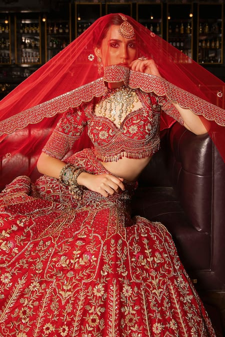 Ronak And Shruti Red Silk, Net Beads, Sequins, Cut Work, Raw Embroidered Bridal Lehenga Set Online at Aza Fashions Ronak And Shruti_Red Silk, Net Beads, Sequins, Cut Work, Raw Embroidered Bridal Lehenga Set _Online_at_Aza_Fashions