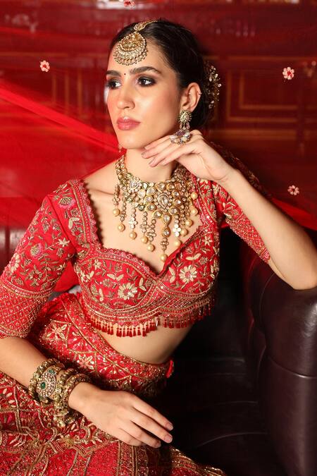 Buy Ronak And Shruti Red Silk, Net Beads, Sequins, Cut Work, Raw Embroidered Bridal Lehenga Set Online at Aza Fashions Buy_Ronak And Shruti_Red Silk, Net Beads, Sequins, Cut Work, Raw Embroidered Bridal Lehenga Set _Online_at_Aza_Fashions
