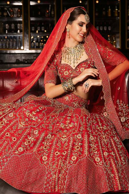 Shop Ronak And Shruti Red Silk, Net Beads, Sequins, Cut Work, Raw Embroidered Bridal Lehenga Set Online at Aza Fashions Shop_Ronak And Shruti_Red Silk, Net Beads, Sequins, Cut Work, Raw Embroidered Bridal Lehenga Set _Online_at_Aza_Fashions