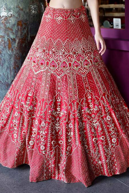 Ronak And Shruti Red Silk, Net Beads, Sequins, Cut Work, Raw Embroidered Bridal Lehenga Set at Aza Fashions Ronak And Shruti_Red Silk, Net Beads, Sequins, Cut Work, Raw Embroidered Bridal Lehenga Set _at_Aza_Fashions