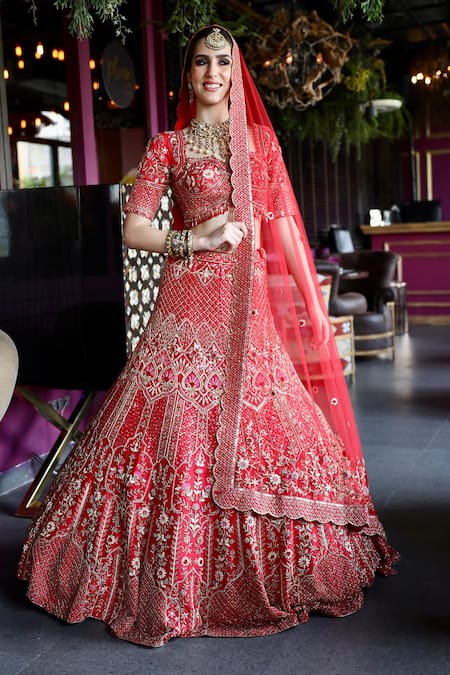 Buy Ronak And Shruti Red Silk, Net Beads, Sequins, Cut Work, Raw Embroidered Bridal Lehenga Set Buy_Ronak And Shruti_Red Silk, Net Beads, Sequins, Cut Work, Raw Embroidered Bridal Lehenga Set