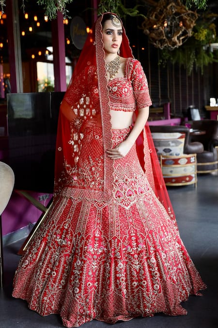Shop Ronak And Shruti Red Silk, Net Beads, Sequins, Cut Work, Raw Embroidered Bridal Lehenga Set Shop_Ronak And Shruti_Red Silk, Net Beads, Sequins, Cut Work, Raw Embroidered Bridal Lehenga Set