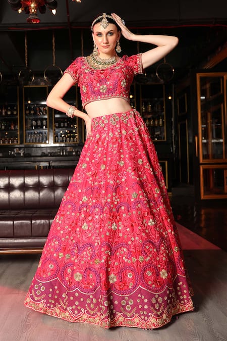 Shop Ronak And Shruti Pink Silk, Net Embroidery, Zari Round Neck Rani Lehenga Set at Aza Fashions Shop_Ronak And Shruti_Pink Silk, Net Embroidery, Zari Round Neck Rani Lehenga Set _at_Aza_Fashions