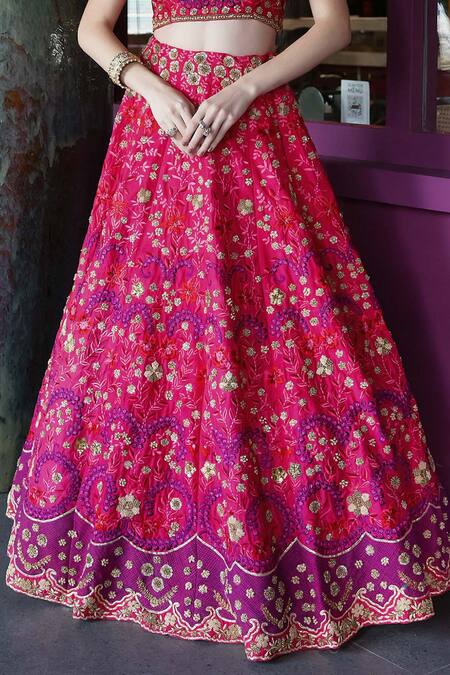 Ronak And Shruti Pink Silk, Net Embroidery, Zari Round Neck Rani Lehenga Set Online at Aza Fashions Ronak And Shruti_Pink Silk, Net Embroidery, Zari Round Neck Rani Lehenga Set _Online_at_Aza_Fashions