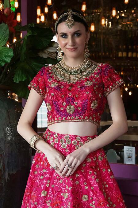 Buy Ronak And Shruti Pink Silk, Net Embroidery, Zari Round Neck Rani Lehenga Set Online at Aza Fashions Buy_Ronak And Shruti_Pink Silk, Net Embroidery, Zari Round Neck Rani Lehenga Set _Online_at_Aza_Fashions
