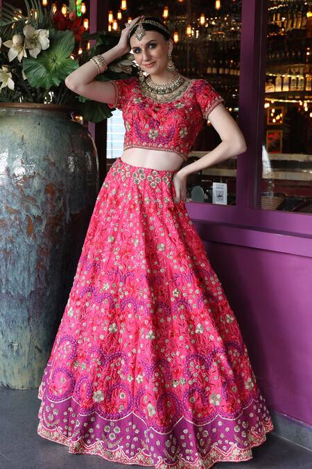 Shop Ronak And Shruti Pink Silk, Net Embroidery, Zari Round Neck Rani Lehenga Set Online at Aza Fashions Shop_Ronak And Shruti_Pink Silk, Net Embroidery, Zari Round Neck Rani Lehenga Set _Online_at_Aza_Fashions