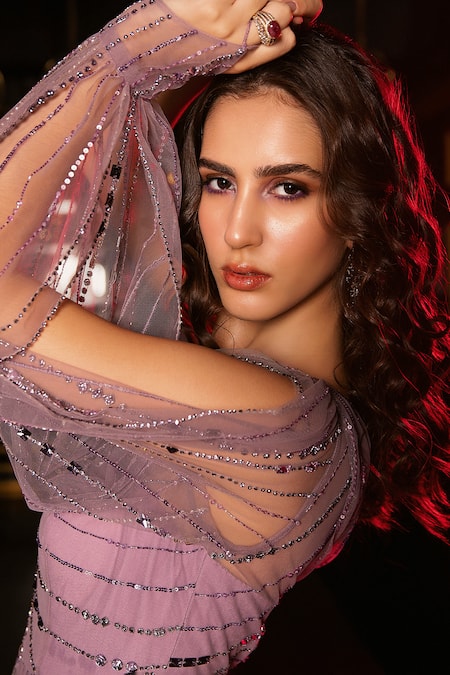 Ronak And Shruti Purple Net Sequins, Beads, Embroidery Asymmetric Violet Draped Saree Gown Online at Aza Fashions Ronak And Shruti_Purple Net Sequins, Beads, Embroidery Asymmetric Violet Draped Saree Gown _Online_at_Aza_Fashions