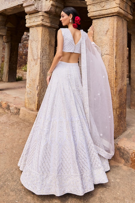 Shop Ronak And Shruti Ivory Linen, Satin, Organza Embroidery V-neck Kashmiri Lehenga Set at Aza Fashions Shop_Ronak And Shruti_Ivory Linen, Satin, Organza Embroidery V-neck Kashmiri Lehenga Set _at_Aza_Fashions