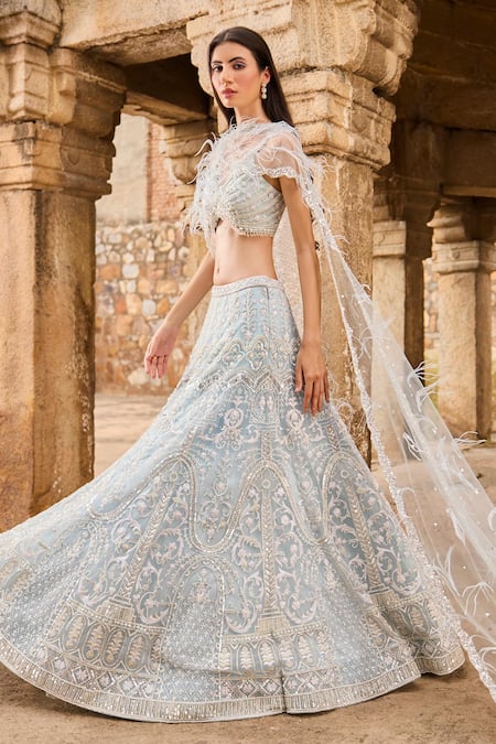 Shop Ronak And Shruti Blue Net Pearls, Crystals, Feathers, Embroidery V-neck Ice Lehenga Set Online at Aza Fashions Shop_Ronak And Shruti_Blue Net Pearls, Crystals, Feathers, Embroidery V-neck Ice Lehenga Set _Online_at_Aza_Fashions
