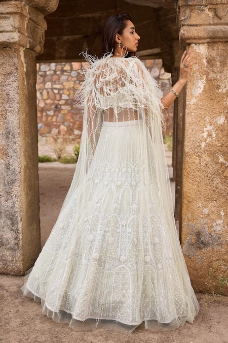 Shop Ronak And Shruti Green Net Pearls, Crystals, Applique Sweetheart Embroidered Cape Lehenga Set at Aza Fashions Shop_Ronak And Shruti_Green Net Pearls, Crystals, Applique Sweetheart Embroidered Cape Lehenga Set _at_Aza_Fashions