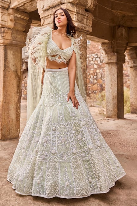 Buy Ronak And Shruti Green Net Pearls, Crystals, Applique Sweetheart Embroidered Cape Lehenga Set Online at Aza Fashions Buy_Ronak And Shruti_Green Net Pearls, Crystals, Applique Sweetheart Embroidered Cape Lehenga Set _Online_at_Aza_Fashions