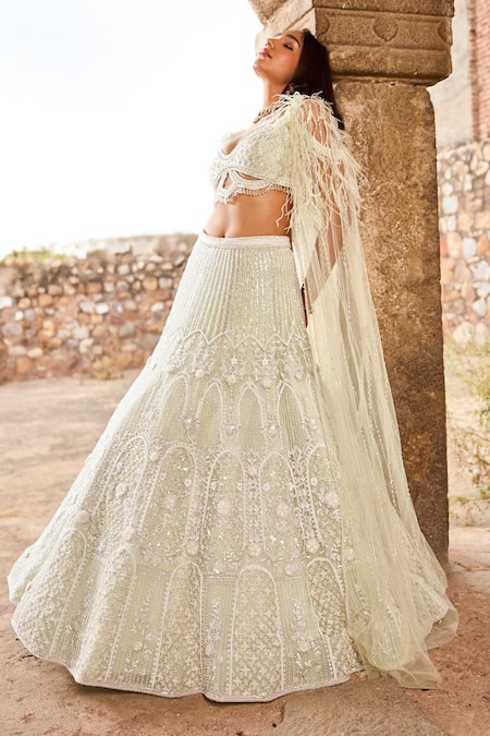 Shop Ronak And Shruti Green Net Pearls, Crystals, Applique Sweetheart Embroidered Cape Lehenga Set Online at Aza Fashions Shop_Ronak And Shruti_Green Net Pearls, Crystals, Applique Sweetheart Embroidered Cape Lehenga Set _Online_at_Aza_Fashions