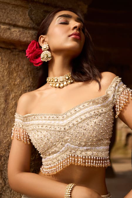 Ronak And Shruti Ivory Net Sequins, Beads Sweetheart Neck Glass Embroidered Bridal Lehenga Set Online at Aza Fashions Ronak And Shruti_Ivory Net Sequins, Beads Sweetheart Neck Glass Embroidered Bridal Lehenga Set _Online_at_Aza_Fashions