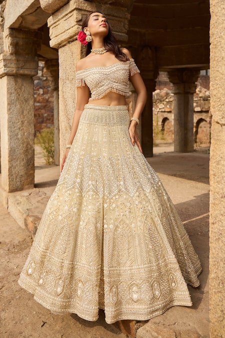 Buy Ronak And Shruti Ivory Net Sequins, Beads Sweetheart Neck Glass Embroidered Bridal Lehenga Set Online at Aza Fashions Buy_Ronak And Shruti_Ivory Net Sequins, Beads Sweetheart Neck Glass Embroidered Bridal Lehenga Set _Online_at_Aza_Fashions