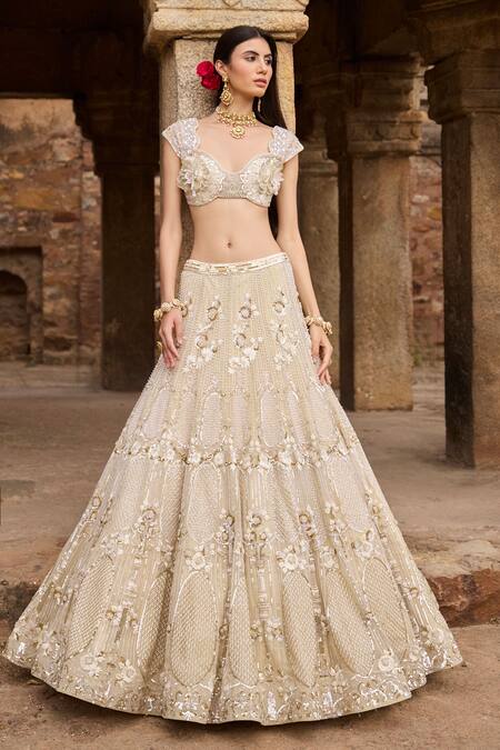 Shop Ronak And Shruti Ivory Net Beads, Sequins, Embroidery Sweetheart Neck Gold And Bridal Lehenga Set Online at Aza Fashions Shop_Ronak And Shruti_Ivory Net Beads, Sequins, Embroidery Sweetheart Neck Gold And Bridal Lehenga Set _Online_at_Aza_Fashions