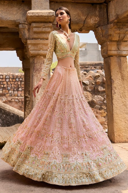 Shop Ronak And Shruti Green Net, Organza Sequins, Crystals, Zari Pink Zardozi Embroidered Lehenga Set at Aza Fashions Shop_Ronak And Shruti_Green Net, Organza Sequins, Crystals, Zari Pink Zardozi Embroidered Lehenga Set _at_Aza_Fashions