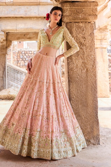 Ronak And Shruti Green Net, Organza Sequins, Crystals, Zari Pink Zardozi Embroidered Lehenga Set Online at Aza Fashions Ronak And Shruti_Green Net, Organza Sequins, Crystals, Zari Pink Zardozi Embroidered Lehenga Set _Online_at_Aza_Fashions
