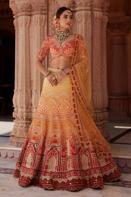Buy_Ronak And Shruti_Orange Linen, Satin, Net Beads, Ombre Zardozi Embroidered Bridal Lehenga Set _Online_at_Aza_Fashions
