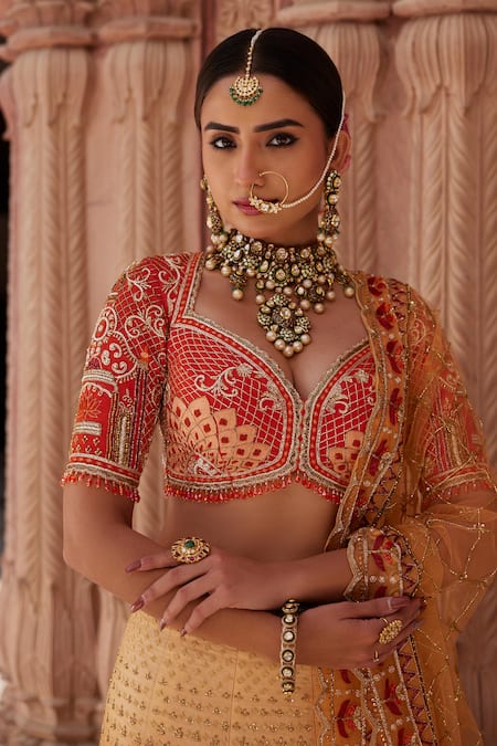 Shop_Ronak And Shruti_Orange Linen, Satin, Net Beads, Ombre Zardozi Embroidered Bridal Lehenga Set _Online_at_Aza_Fashions