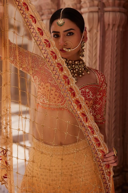 Ronak And Shruti_Orange Linen, Satin, Net Beads, Ombre Zardozi Embroidered Bridal Lehenga Set _at_Aza_Fashions
