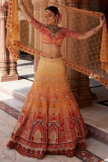 Buy_Ronak And Shruti_Orange Linen, Satin, Net Beads, Ombre Zardozi Embroidered Bridal Lehenga Set 