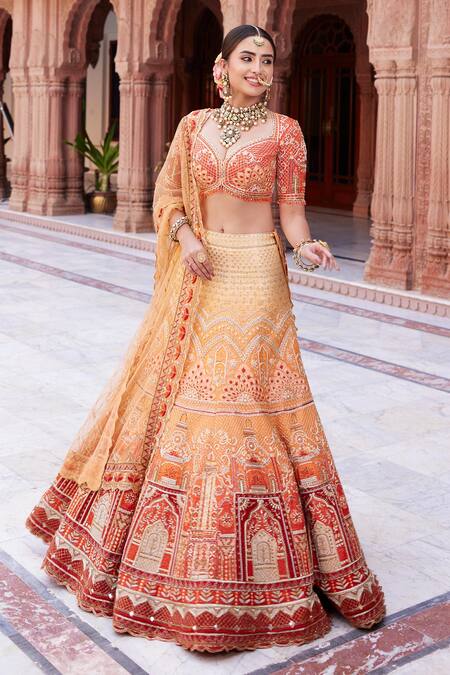 Shop_Ronak And Shruti_Orange Linen, Satin, Net Beads, Ombre Zardozi Embroidered Bridal Lehenga Set 
