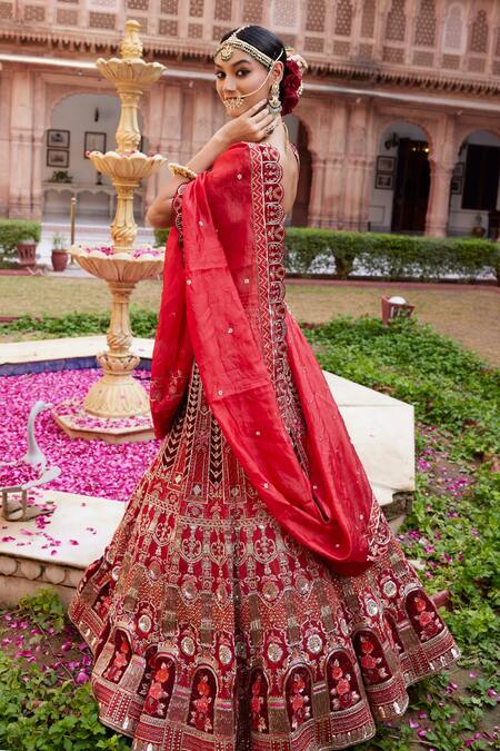 Buy Ronak And Shruti Red Velvet, Linen, Organza Pearls, Floral Embroidered Bridal Lehenga Set Online at Aza Fashions Buy_Ronak And Shruti_Red Velvet, Linen, Organza Pearls, Floral Embroidered Bridal Lehenga Set _Online_at_Aza_Fashions