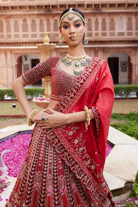 Shop Ronak And Shruti Red Velvet, Linen, Organza Pearls, Floral Embroidered Bridal Lehenga Set Online at Aza Fashions Shop_Ronak And Shruti_Red Velvet, Linen, Organza Pearls, Floral Embroidered Bridal Lehenga Set _Online_at_Aza_Fashions