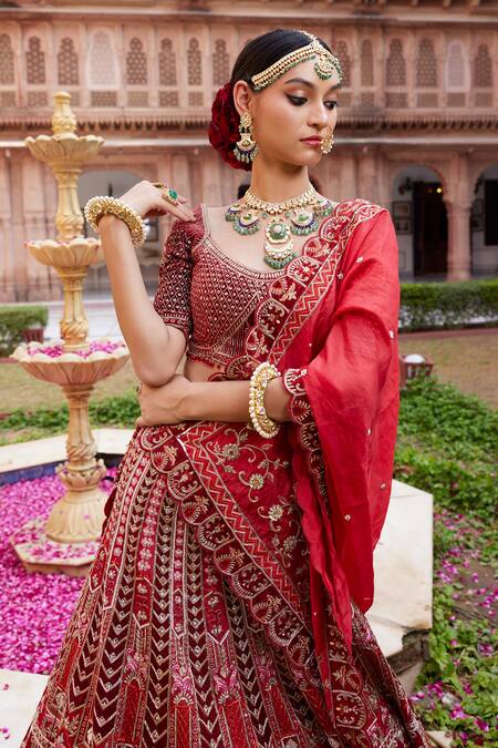 Ronak And Shruti Red Velvet, Linen, Organza Pearls, Floral Embroidered Bridal Lehenga Set at Aza Fashions Ronak And Shruti_Red Velvet, Linen, Organza Pearls, Floral Embroidered Bridal Lehenga Set _at_Aza_Fashions