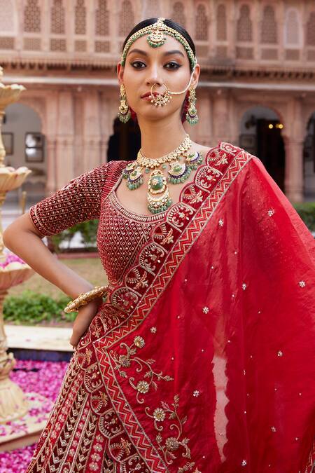 Buy Ronak And Shruti Red Velvet, Linen, Organza Pearls, Floral Embroidered Bridal Lehenga Set Buy_Ronak And Shruti_Red Velvet, Linen, Organza Pearls, Floral Embroidered Bridal Lehenga Set