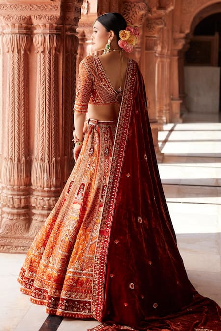 Ronak And Shruti Orange Velvet, Linen, Satin Beads, Tassels, Embroidery Floral Lehenga Set Online at Aza Fashions Ronak And Shruti_Orange Velvet, Linen, Satin Beads, Tassels, Embroidery Floral Lehenga Set _Online_at_Aza_Fashions