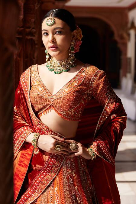 Buy Ronak And Shruti Orange Velvet, Linen, Satin Beads, Tassels, Embroidery Floral Lehenga Set Online at Aza Fashions Buy_Ronak And Shruti_Orange Velvet, Linen, Satin Beads, Tassels, Embroidery Floral Lehenga Set _Online_at_Aza_Fashions
