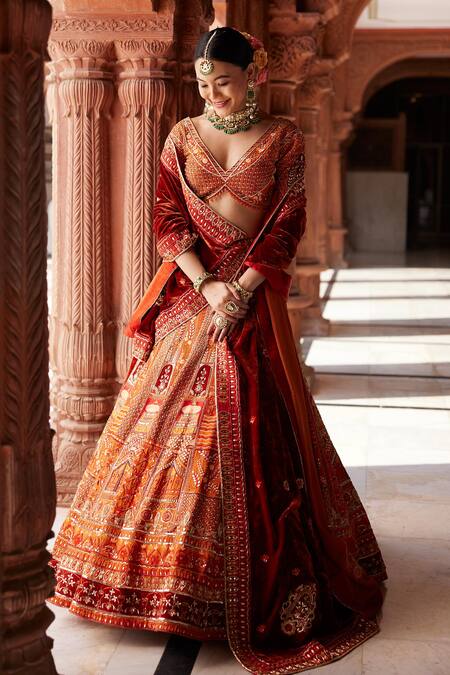 Ronak And Shruti Orange Velvet, Linen, Satin Beads, Tassels, Embroidery Floral Lehenga Set at Aza Fashions Ronak And Shruti_Orange Velvet, Linen, Satin Beads, Tassels, Embroidery Floral Lehenga Set _at_Aza_Fashions