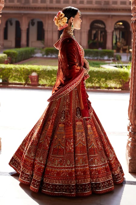 Buy Ronak And Shruti Orange Velvet, Linen, Satin Beads, Tassels, Embroidery Floral Lehenga Set Buy_Ronak And Shruti_Orange Velvet, Linen, Satin Beads, Tassels, Embroidery Floral Lehenga Set
