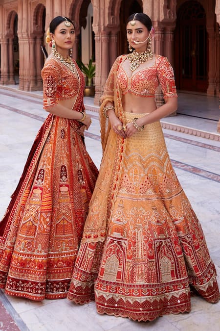 Shop Ronak And Shruti Orange Velvet, Linen, Satin Beads, Tassels, Embroidery Floral Lehenga Set Shop_Ronak And Shruti_Orange Velvet, Linen, Satin Beads, Tassels, Embroidery Floral Lehenga Set