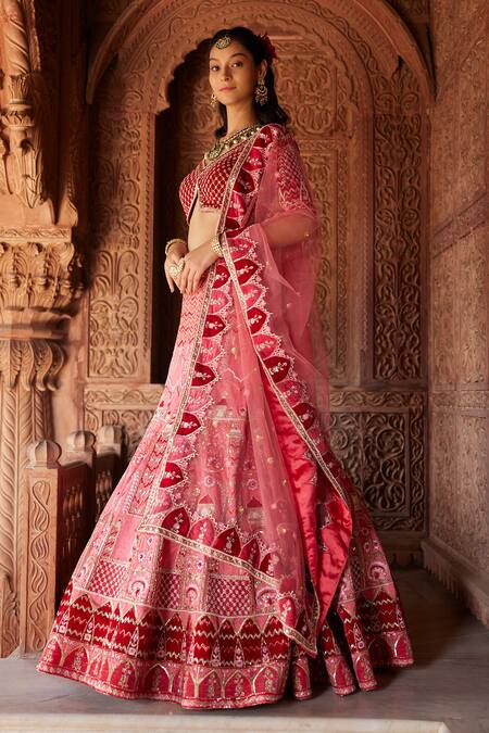 Shop Ronak And Shruti Pink Velvet, Linen, Net Embroidery, Pearls, Glitter, Beads Applique Lehenga Set Online at Aza Fashions Shop_Ronak And Shruti_Pink Velvet, Linen, Net Embroidery, Pearls, Glitter, Beads Applique Lehenga Set _Online_at_Aza_Fashions