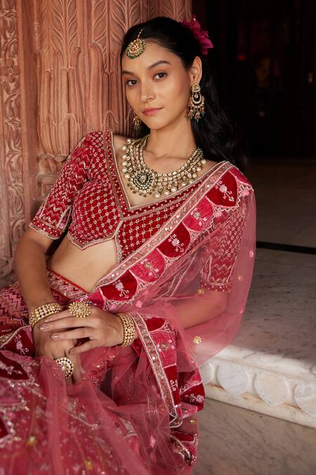 Buy Ronak And Shruti Pink Velvet, Linen, Net Embroidery, Pearls, Glitter, Beads Applique Lehenga Set Buy_Ronak And Shruti_Pink Velvet, Linen, Net Embroidery, Pearls, Glitter, Beads Applique Lehenga Set