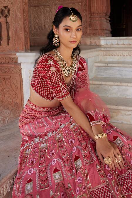 Shop Ronak And Shruti Pink Velvet, Linen, Net Embroidery, Pearls, Glitter, Beads Applique Lehenga Set Shop_Ronak And Shruti_Pink Velvet, Linen, Net Embroidery, Pearls, Glitter, Beads Applique Lehenga Set