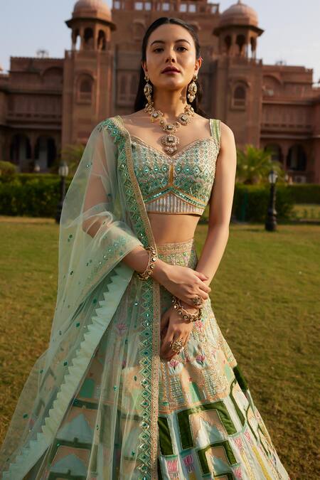 Buy_Ronak And Shruti_Green Linen, Satin, Net Mirrors, Embroidery, Beads Sweetheart Mint Lehenga Set _Online_at_Aza_Fashions
