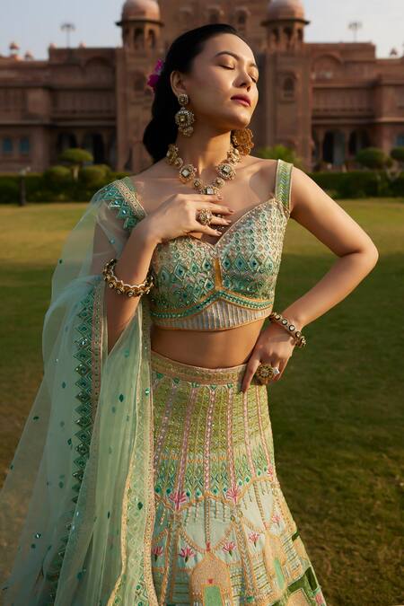 Shop_Ronak And Shruti_Green Linen, Satin, Net Mirrors, Embroidery, Beads Sweetheart Mint Lehenga Set _Online_at_Aza_Fashions