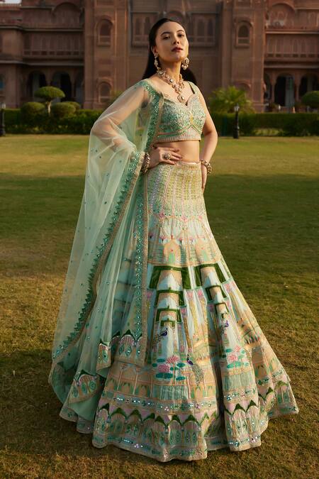 Ronak And Shruti_Green Linen, Satin, Net Mirrors, Embroidery, Beads Sweetheart Mint Lehenga Set _at_Aza_Fashions