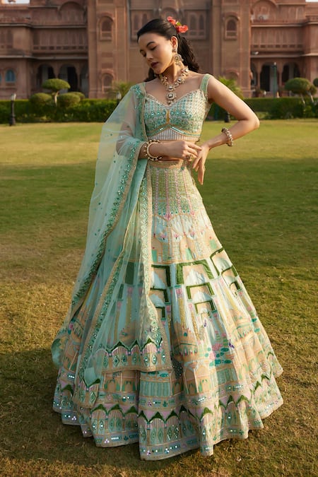 Buy_Ronak And Shruti_Green Linen, Satin, Net Mirrors, Embroidery, Beads Sweetheart Mint Lehenga Set 