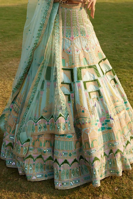 Shop_Ronak And Shruti_Green Linen, Satin, Net Mirrors, Embroidery, Beads Sweetheart Mint Lehenga Set 