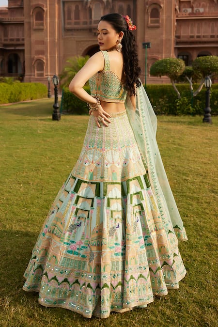 Ronak And Shruti_Green Linen, Satin, Net Mirrors, Embroidery, Beads Sweetheart Mint Lehenga Set _Online_at_Aza_Fashions