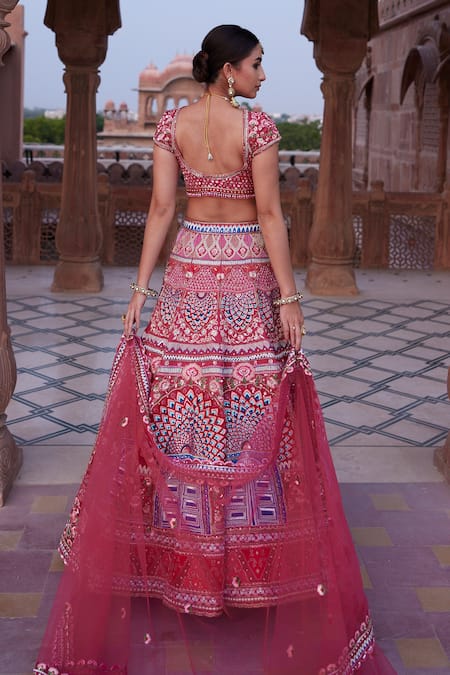 Ronak And Shruti Pink Linen, Satin, Net Sequins, Beads, Embroidery, Rani Floral Lehenga Set Online at Aza Fashions Ronak And Shruti_Pink Linen, Satin, Net Sequins, Beads, Embroidery, Rani Floral Lehenga Set _Online_at_Aza_Fashions